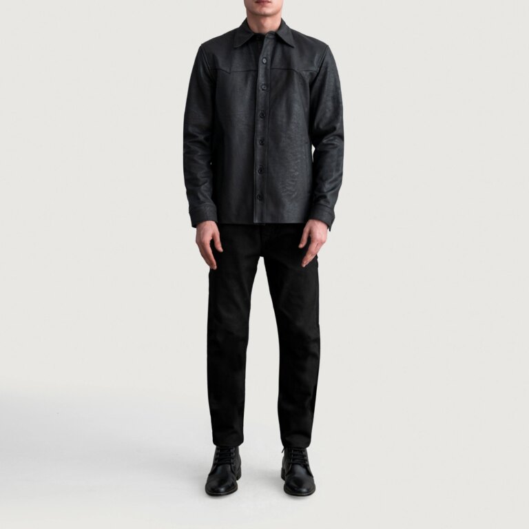 Mens Bronco Tumbled Black Leather Shirt Full Length-2-1724069034045
